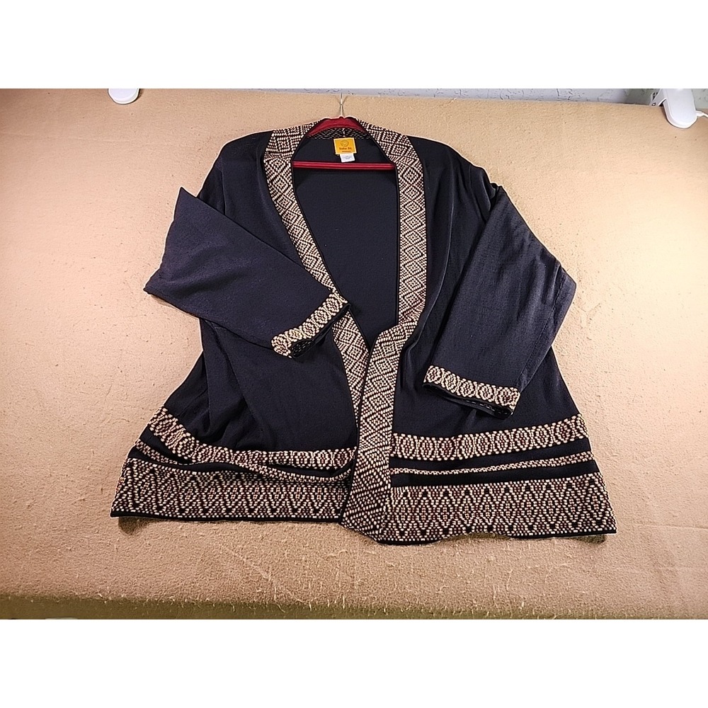 Ruby Rd Woman Black Geometric Border Open Front Cardigan Sweater 1X 37262